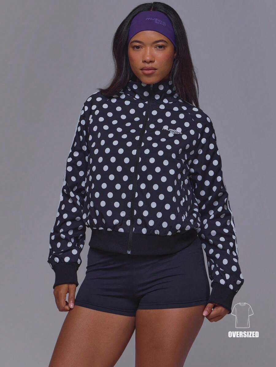 Musera Sport Black Polka Dot Contrast Stripe Side Zip Through Cinched Waist Sport Logo Track Jacket Gym Pilates Fitness Daily Casual Everyday Running Void - Black and White - View 1