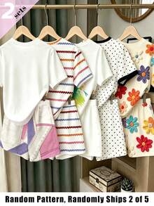 (2 Random Item From 5) Girls' Purple Pink Heart, Colorful Brown Stripe, Floral, Bow, Polka Dot Pattern Basic Short T-Shirt And Shorts - Multicolor - View 2