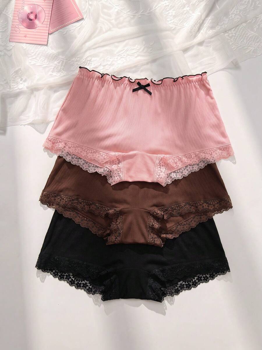 PetitDoll 3-Pack Plus Size Women's Casual Ruffled Waist Lace Trim Ribbed Boyshort Panties - Multicolor - View 1