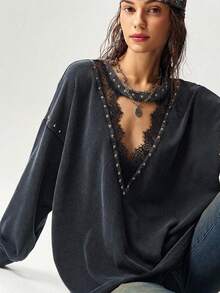 Bohemela Women's Fall Casual Black Washed Knit Long Sleeve Sweatshirt/Halloween/Back To School/Going Out/Y2K/Holiday - Black - View 2
