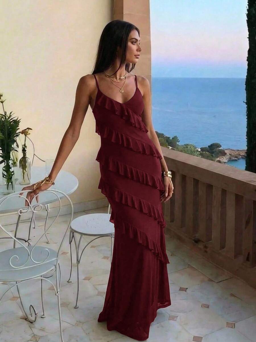 Aloruh Women's Spring/Summer Bohemian Elegant Ruffle Trim Fitted Dress Day Party Dinner Holiday Night Burgundy - Maroon - View 1