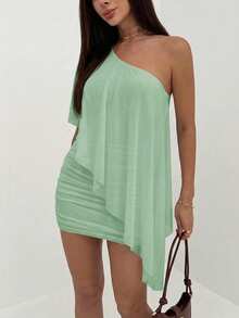 Aloruh Women's Solid Color One-Shoulder Mini Beach Vacation Dress For Vacation Mint Green Summer Sexy Tropical - Mint Green - View 7