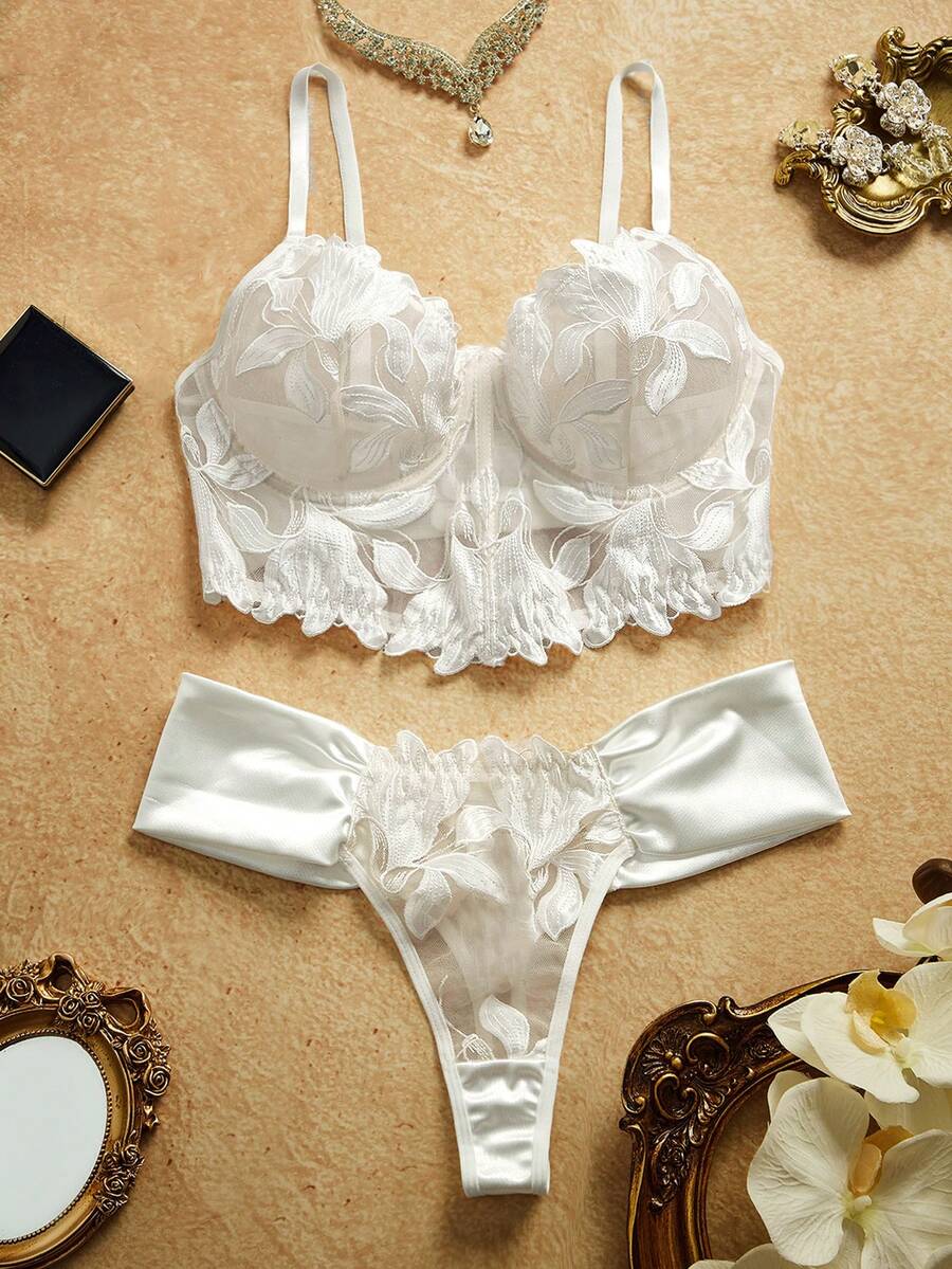 PinupPomp 2pcs Bridal Lingerie Set: Silver-White Lace Satin Fabric + Bustier Top With Underwire Support + Low-Rise Ruched Panty Wedding - Multicolor - View 1