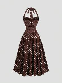 Sweetra Y2K Sexy Vacation Asymmetrical Polka Dot Patchwork Elegant Slimming A-Line Maxi Dress - Coffee - View 2
