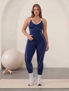 SHEIN Sports 大码女式条纹撞色修身运动连体裤 - 藏蓝色 - 查看 3
