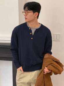 DAZY Men's Navy Blue Long Sleeve Crew Neck 2 In 1 Ribbed Hem Sweater Winter - Navy Blue - View 4