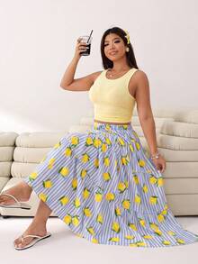 Solflare Setelan 2 Potong Atasan Tank Top Polos & Rok Motif Lemon Bergaris Ukuran Plus - MultiWarna - View 4
