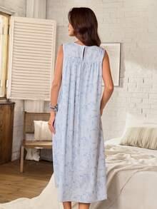 Serenescape Printed Sleeveless Nightgown, Simple Loose Casual Long Dress For Home - Blue - View 2