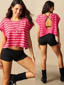 VARSIVA 女款條紋拼色圓領休閒百搭日常旅行運動T恤 - 玫紅色 - 查看 8