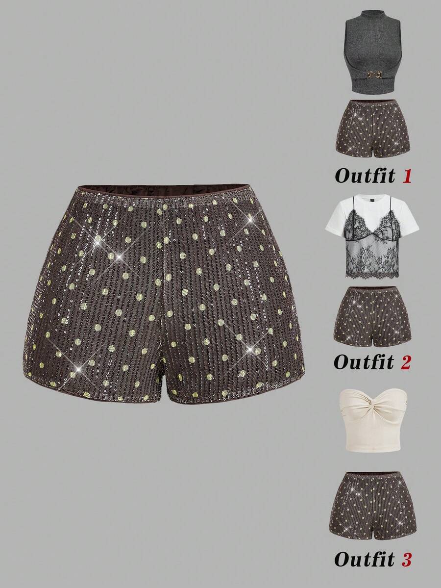 SHEIN x Luisa Sonza SHEIN MOD 女款夏季休閒時尚夜店派對亮片短褲 - 黑色 - 查看 1