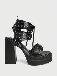 Sugerpunk Women's Thick Sole High Heel Sandals Punk Style Solid Color Lace-Up Open Toe Shoes With Rivet Embellishment For Nightclub Party - Black - View 1