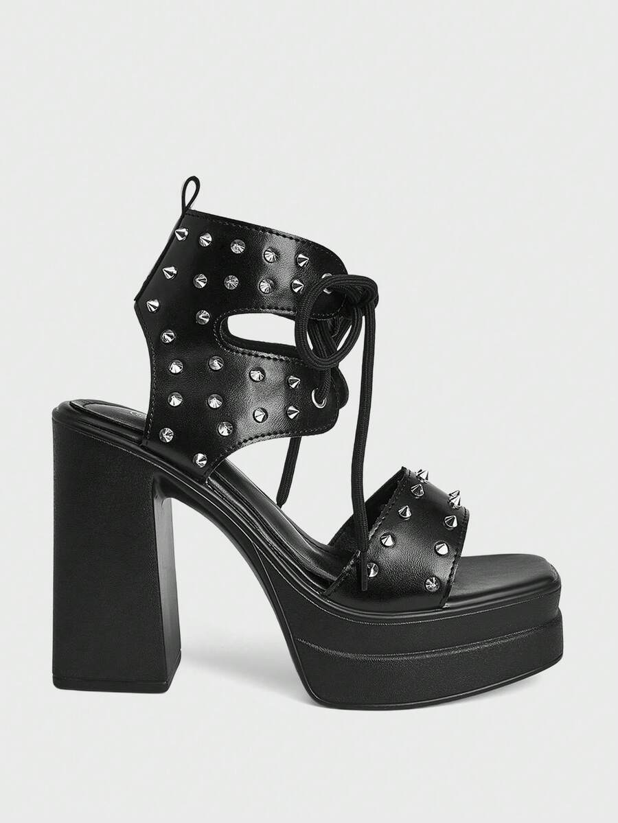 Sugerpunk Women's Thick Sole High Heel Sandals Punk Style Solid Color Lace-Up Open Toe Shoes With Rivet Embellishment For Nightclub Party - Black - View 1