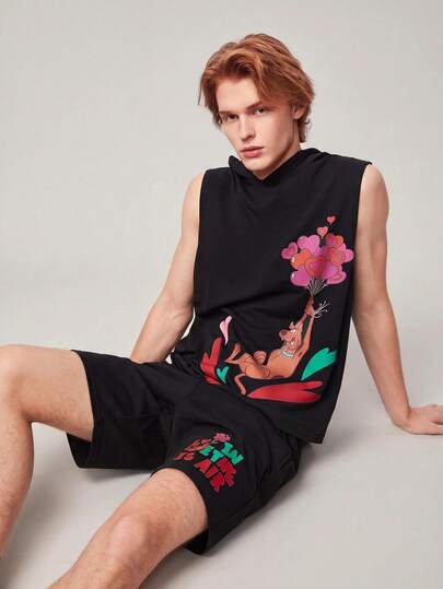SCOOBY-DOO X SHEIN Men's Heart Balloon & Cartoon Dog Pattern Hooded Tank Top And Shorts Set