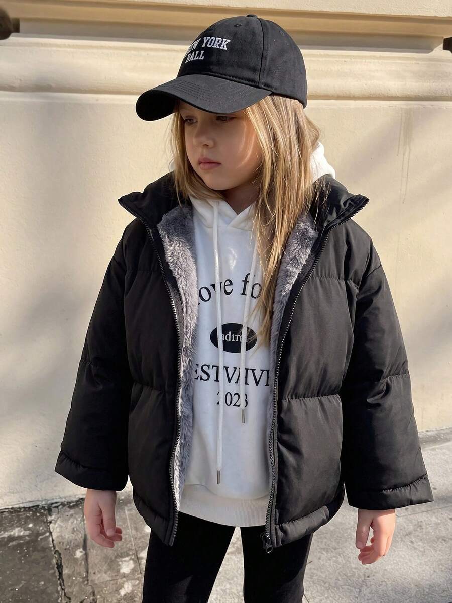 DAZY Jaket Musim Dingin Kasual Sehari-hari dengan Resleting untuk Anak Perempuan Warna Polos - Hitam - View 1