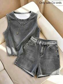 Franclia Women's Casual Round Neck Tank Top And Button Shorts Denim Effect Print 2-Piece Set - Dark Grey - View 3