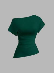 Sweetra Women's Spring/Summer Elegant Casual Commute Asymmetric Shoulder Ruched Waist Asymmetrical Hem Slit Short Sleeve Top & Comfortable Versatile Pleated Hem Long Skirt 2-Piece Set - Dark Green - View 3