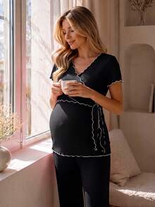GentleRue Maternity French Style Colorblock Flutter Sleeve Pure Cotton Maternity Top, Ruffle V-Neck Slimming Maternity Blouse, High Elastic Knit Maternity T-Shirt Summer Wear - Black - View 8