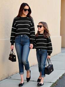 SHEIN Teen Girl Loose Casual Minimalist Comfortable Striped Pullover Sweater, Versatile Thick Warm Knitwear For Autumn/Winter - Black and White - View 7