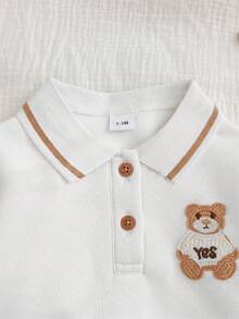 Cozy Pixies 兒童新生兒熊圖案 Polo 領長袖運動衫與長褲套裝 熊色卡其 可愛休閒 柔軟舒適 秋冬燈芯絨 百搭 - 彩色 - 查看 7