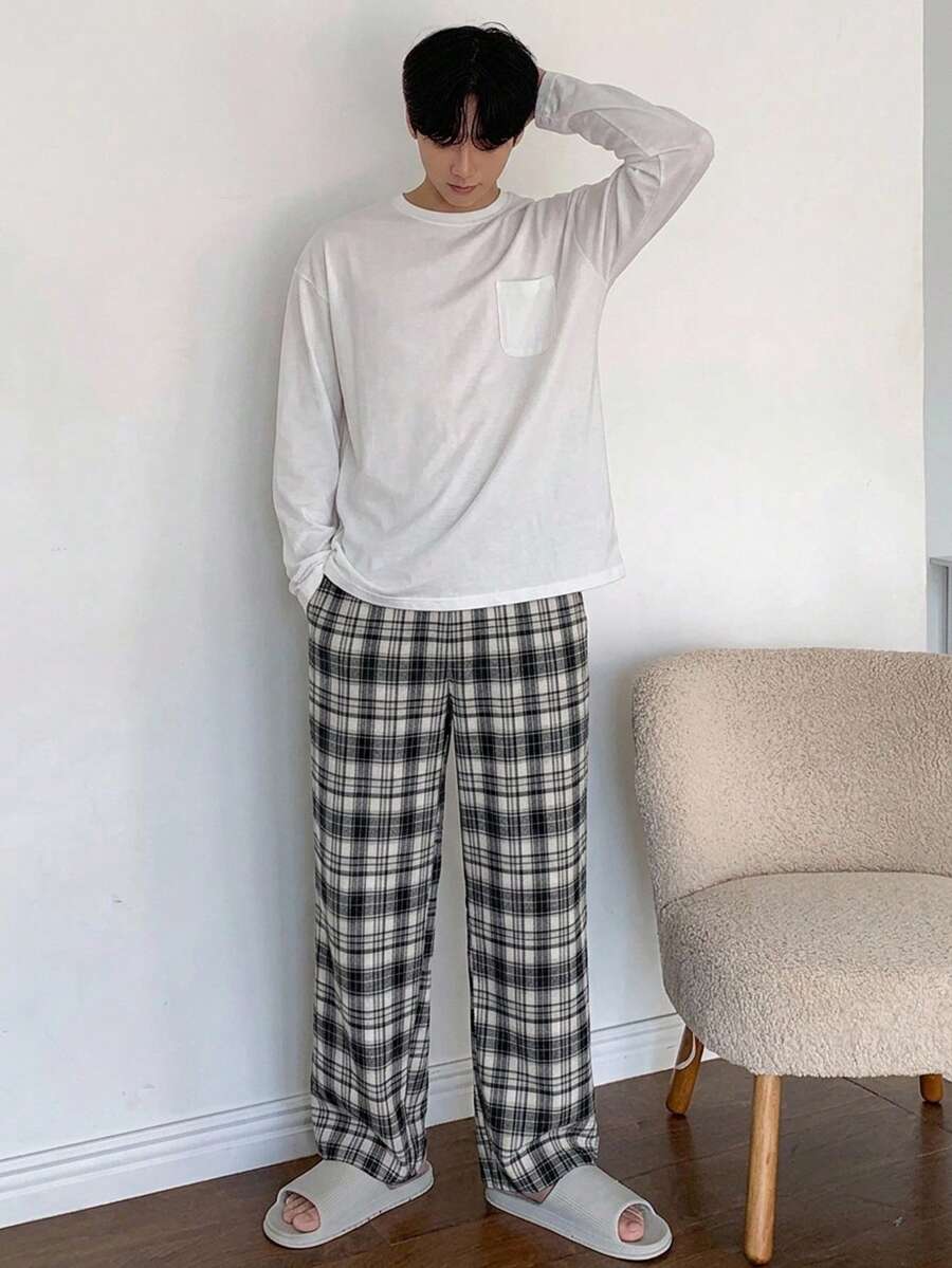 DAZY 男士春秋長袖純色口袋睡衣T恤搭配格紋長褲家居服套裝 - 彩色 - 查看 1