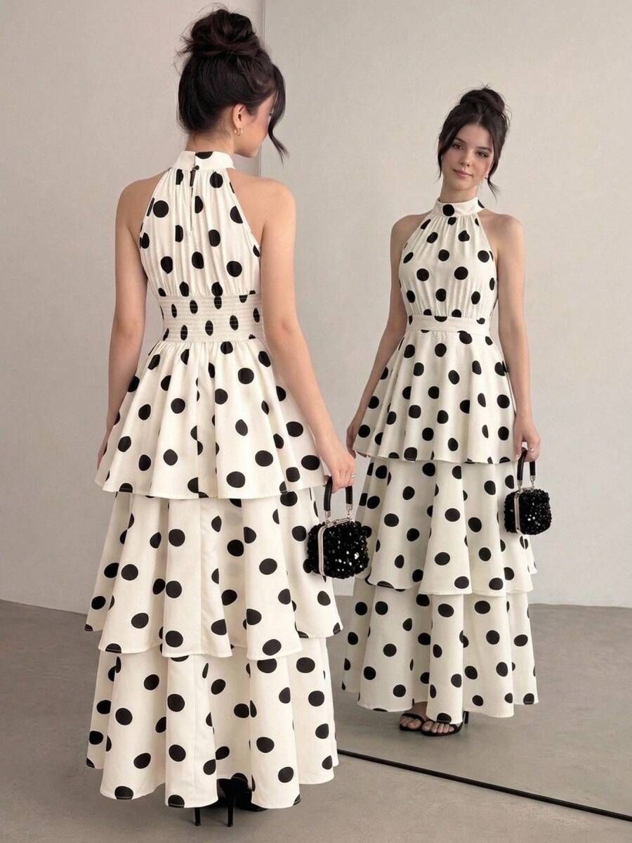 SHEIN 青少年女孩夏季圓點優雅小立領掛脖無袖層次下擺洋裝,派對度假畢業穿搭,黑色洋裝,秋季洋裝 - 杏色 - 查看 1
