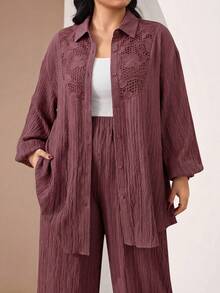 Al Najma Plus Size Women Solid Color Contrast Lace Long Sleeve Single-Breasted Shirt And Pants Conservative Arabic Outfit - Dusty Pink - View 4