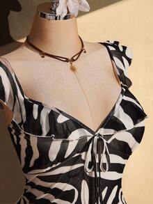 SHEIN ICON Women's Plus Size Zebra Print Tie-Up Ruffle Hem Dress - Apricot - View 6