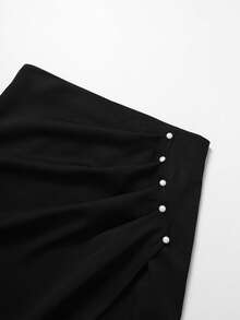 SHEIN Clasi Plus Size Criss-Cross Wrap Pleated Side Slit Long Skirt With Beaded Decor, Elegant For Outings, Dates, Parties, Vacations And Daily Commute Fall - Black - View 8