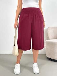 Shapeblank Plus Size Women's Solid Color Waist Gathered Pocket 3/4 Length Pants - Burgundy - View 3