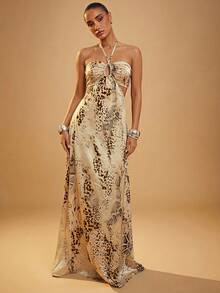 Hauture Front Cut Out Cross Over Halter Open Back Maxi Dress - Multicolor - View 7