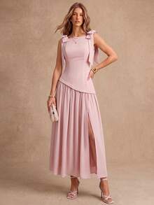 Enchnt Elegantes ärmelloses Sommerkleid mit Schleifendekor - Pink - Übersicht 3