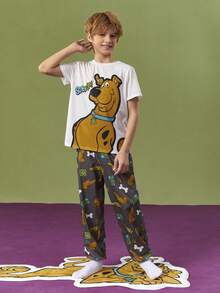 SCOOBY-DOO X SHEIN 青少年男孩卡通狗印花圆领 T 恤和全身印花长裤睡衣套装（阻燃） - 灰色 - 查看 6