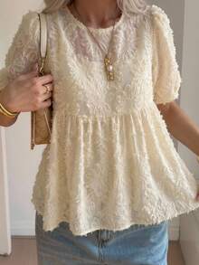 FRIFUL Women Cutout Floral Vintage Peter Pan Collar Summer Shirt,Ruffle - Apricot - View 3