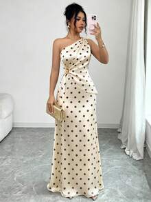 Elenzga Women's Spring/Summer New Fashion Elegant Satin Asymmetrical Shoulder Metal Flower Decor Waist-Cinching Slimming Bodycon Fishtail Long Dress - Multicolor - View 4