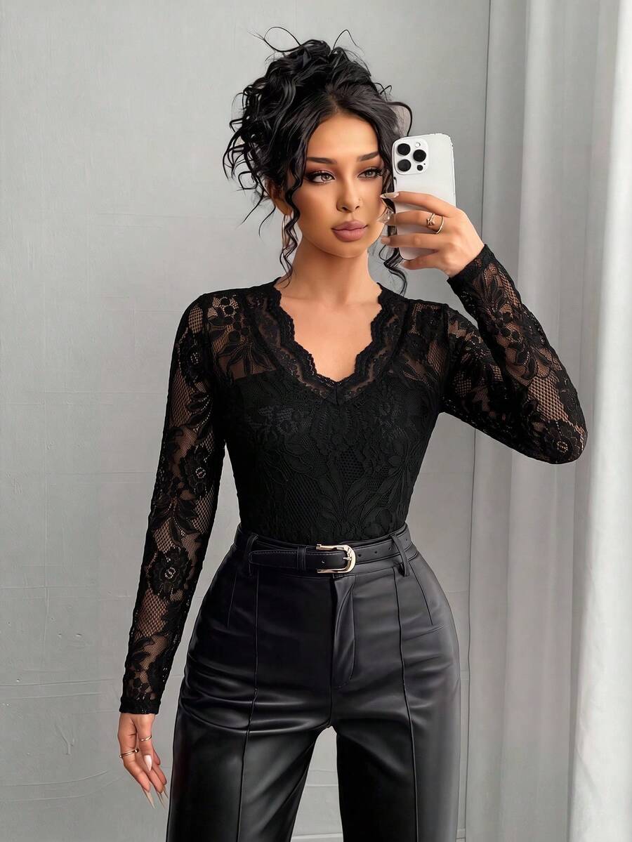 SHEIN Raffinéa Women's Elegant Sexy V-Neck Lace Long Sleeve T-Shirt - Black - View 1