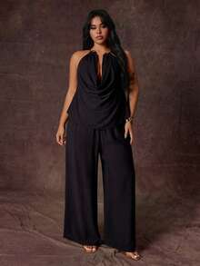 Rustia Fashion Spaghetti Strap Cowl Neck Camisole Loose Wide Leg Plus Size Women's Outfit - Black - View 6