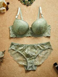 PinupPomp Lace Lingerie Set (With Underwire, Triangle Panty) - Olive Green - View 1