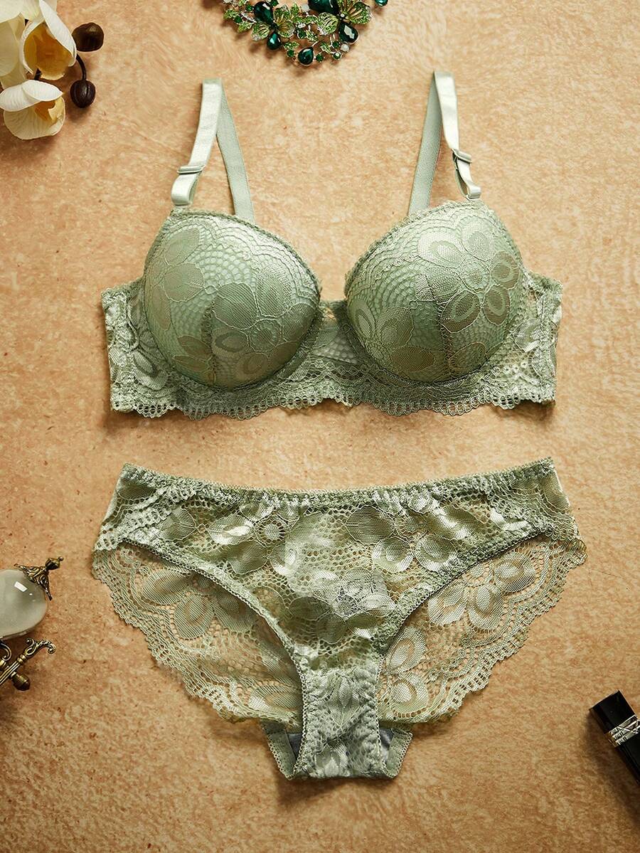 PinupPomp Lace Lingerie Set (With Underwire, Triangle Panty) - Olive Green - View 1