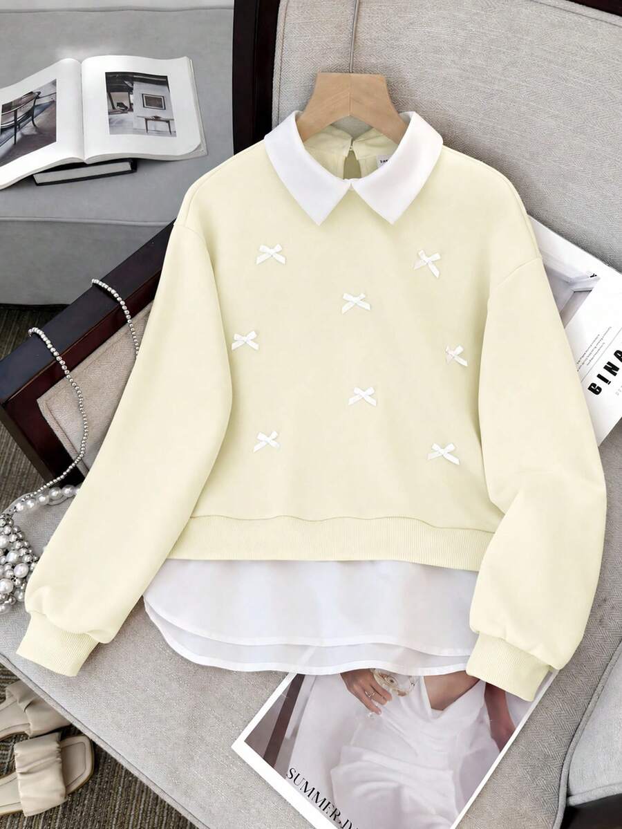 SHEIN 青少年女孩襯衫領拼接拼接裝飾蝴蝶結套頭長袖彈性連帽衛衣 秋冬款 - 黃色 - 查看 1
