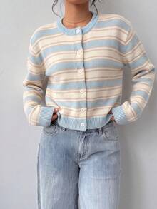 SHEIN BASICS 女款休閒針織開襟衫，條紋設計，適合秋冬/夏季，街頭風，適用於日常通勤、約會、學校教師、派對、婚禮 - 彩色 - 查看 3