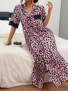 Napfluff Standard Size Women's Leopard Print Short Sleeve Lace Patchwork Nightgown, Comfortable Front Button Shirt Nightdress, Spring/Summer Wear, Cozy Home - Pink - View 6