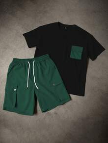 Manfinity Homme Conjunto casual diario de camiseta de manga corta con bloques de color y pantalones cortos con cintura con cordón para hombre - Multicolor - Ver 4