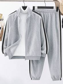 SHEIN 兒童青少年男孩灰色休閒學院風側飾邊立領前開扣長袖秋季上衣與純色收口針織長褲兩件套 - 灰色 - 查看 1