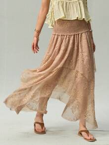 SHEIN Women's French Vintage Lace High Elasticity Shirred Slimming Everyday Date Commute Versatile Skirt - Apricot - View 7