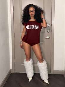 Slaydiva Women's Black Loose Round Neck Sleeveless Letter Pattern Tight Short Jumpsuit,White,Summer,Streetwear,Night Out,Casual Party Club Vacation Wear - Burgundy - View 4