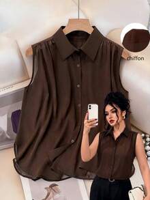 GlowEve CURVE Brown Plus Size Semi-Sheer Chiffon Blouse Sleeveless Shirt With Collar And Ruched Detailing Casual Regular Hem Top - Brown - View 1