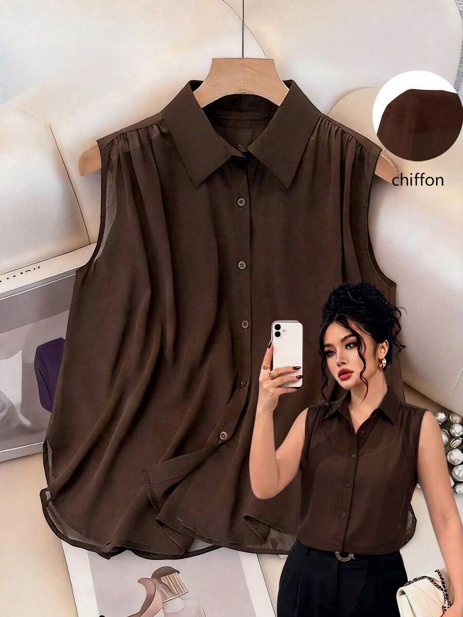 GlowEve CURVE Brown Plus Size Semi-Sheer Chiffon Blouse Sleeveless Shirt With Collar And Ruched Detailing Casual Regular Hem Top - Brown - View 1