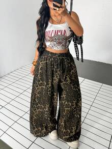 Jeanoix Y2K Casual Decent Plus Size Women's Leopard Print Washed Wide Leg Denim Jeans Formal Date Night Lime Green Summer - Multicolor - View 7
