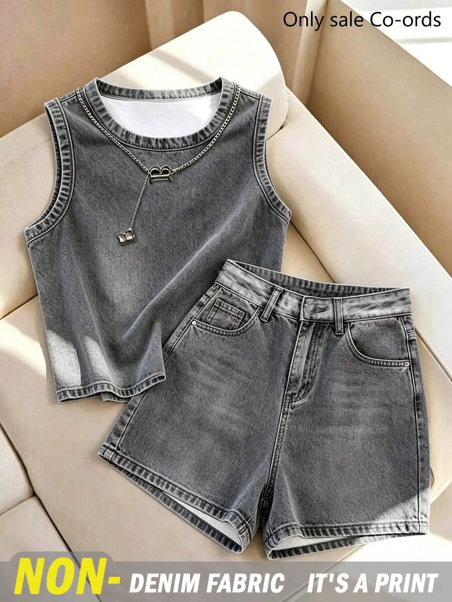 Franclia Women's Casual Round Neck Tank Top And Button Shorts Denim Effect Print 2-Piece Set - Dark Grey - View 1