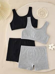 SHEIN 2pcs Solid Black & Gray Tween Girl Girls Tank Tops With Padded Cups, Simple Fashionable Casual Wear - Multicolor - View 2